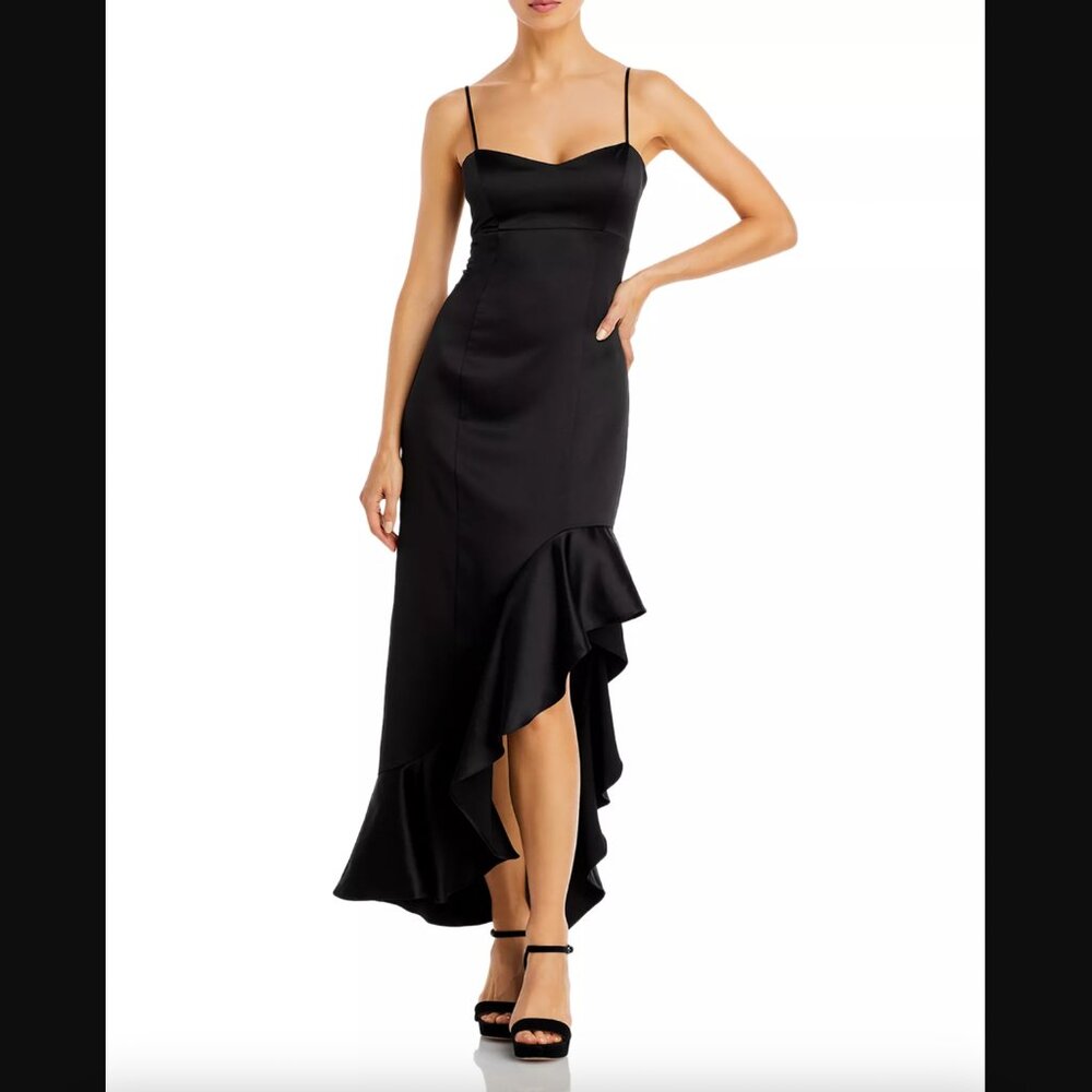 Aqua Black Strap Sweetheart Cocktail Long Dress Gown with Ruffle Hem Slit